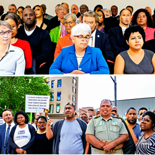 **Image Prompt:** A diverse group of people participating in a public forum discussing city budget allocation, highlighting transparency and citizen involvement. The scene should be bright and inclusive, emphasizing community engagement in local governance.