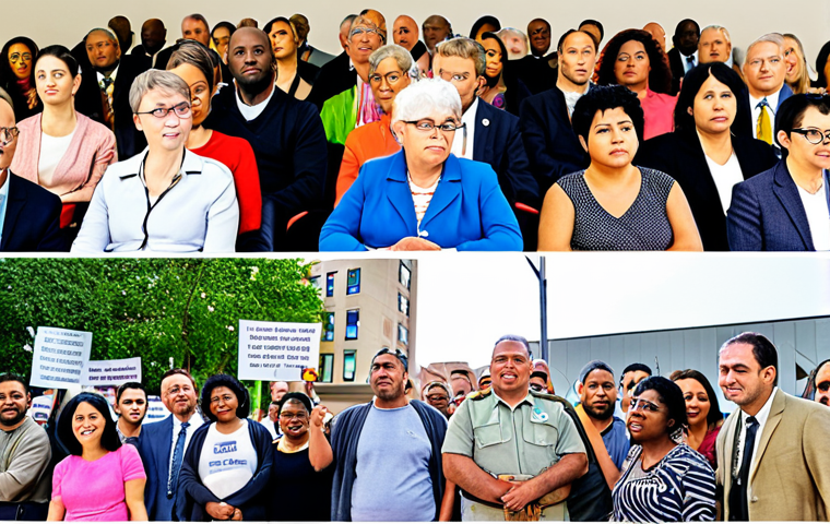 **Image Prompt:** A diverse group of people participating in a public forum discussing city budget allocation, highlighting transparency and citizen involvement. The scene should be bright and inclusive, emphasizing community engagement in local governance.
