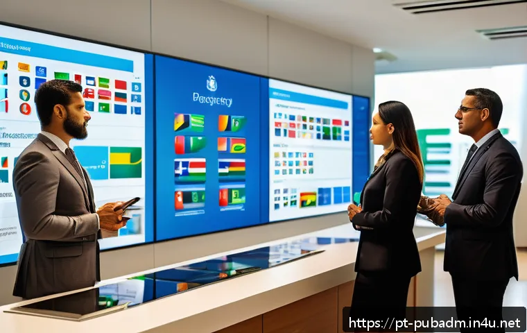 공공부문 윤리적 딜레마 - A modern Brazilian government office scene showing diverse public servants in professional attire di...