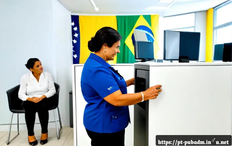 행정개혁과 정부 개혁 - Photorealistic modern Brazilian public service office, a diverse group of citizens using simple digi...
