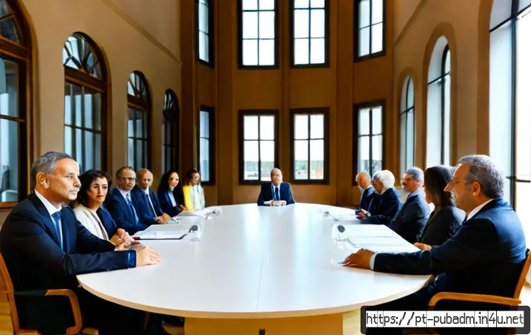 행정의 정치적 이슈 - Photorealistic municipal policy meeting in a contemporary Portuguese-speaking city hall, diverse adu...